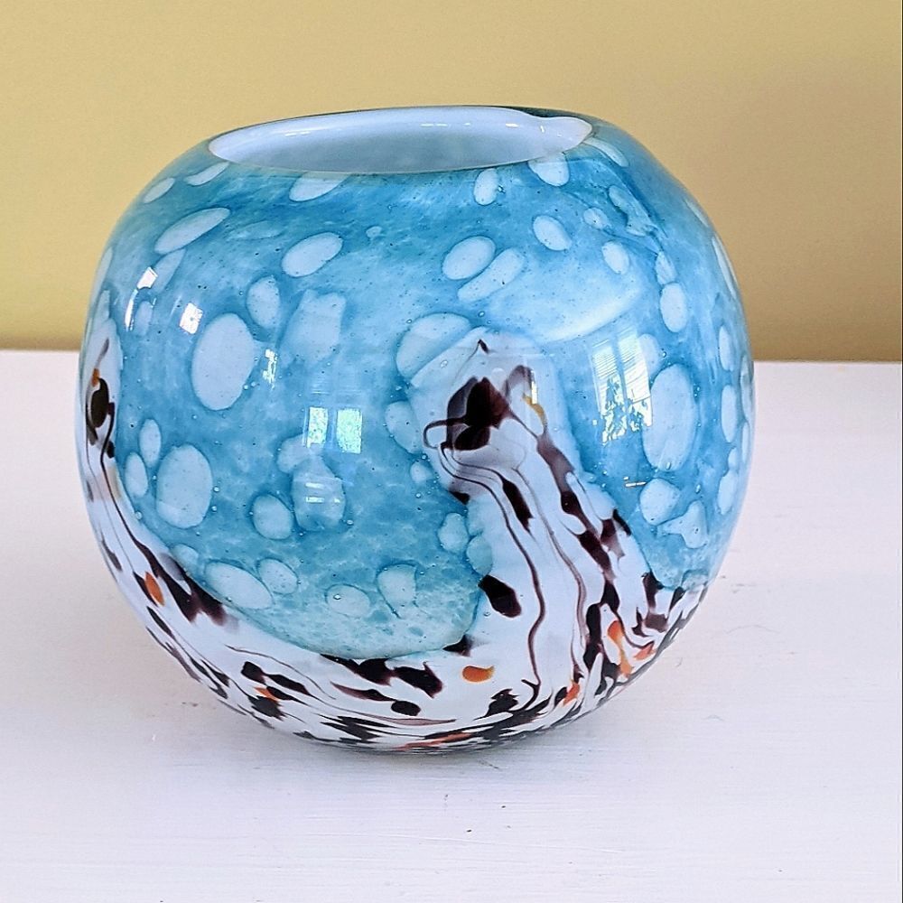 Handmade Blown Glass Short Vase Aqua